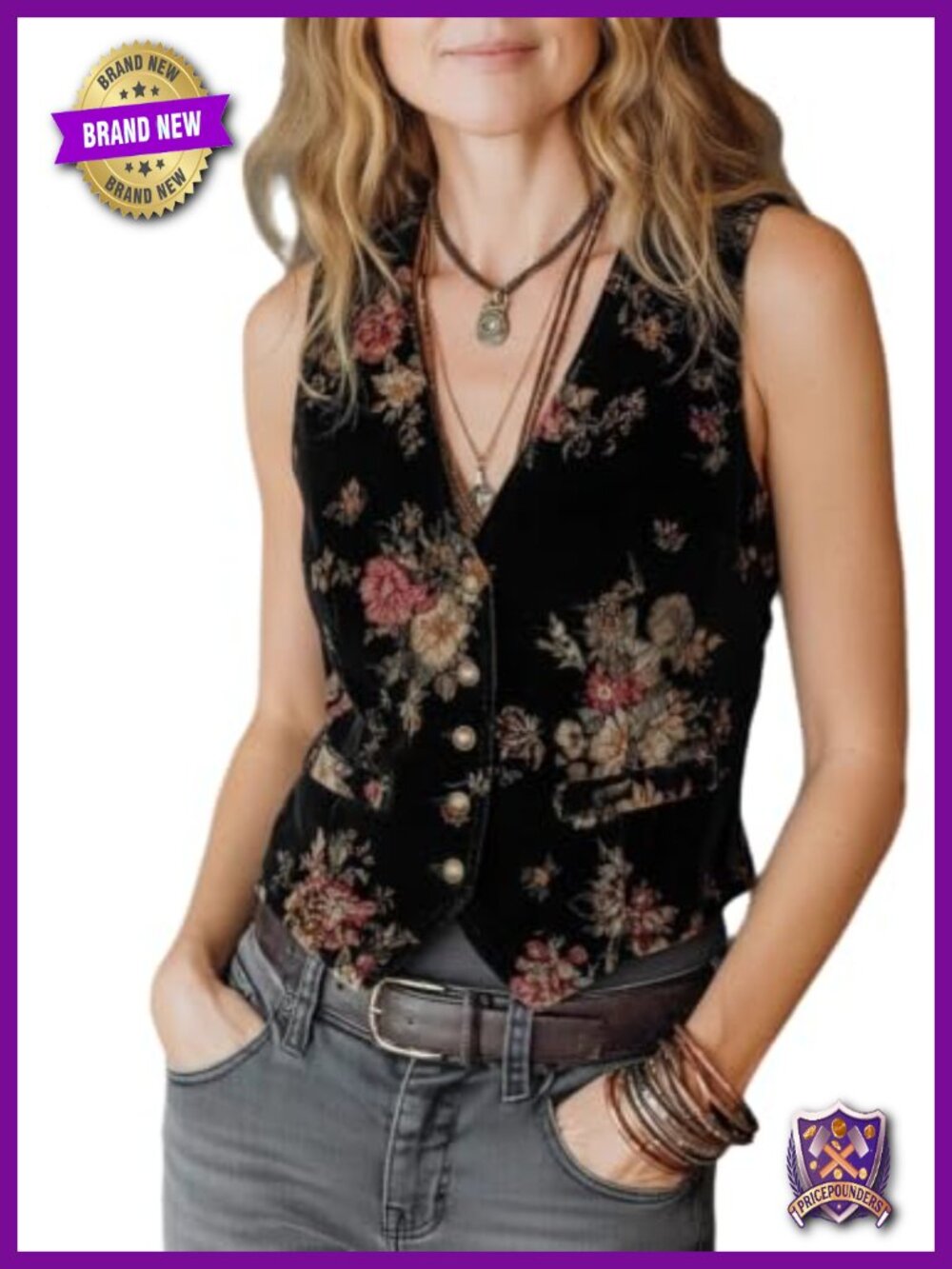 Velvet Vest Women Sleeveless V Neck Button Down Floral Western Vest